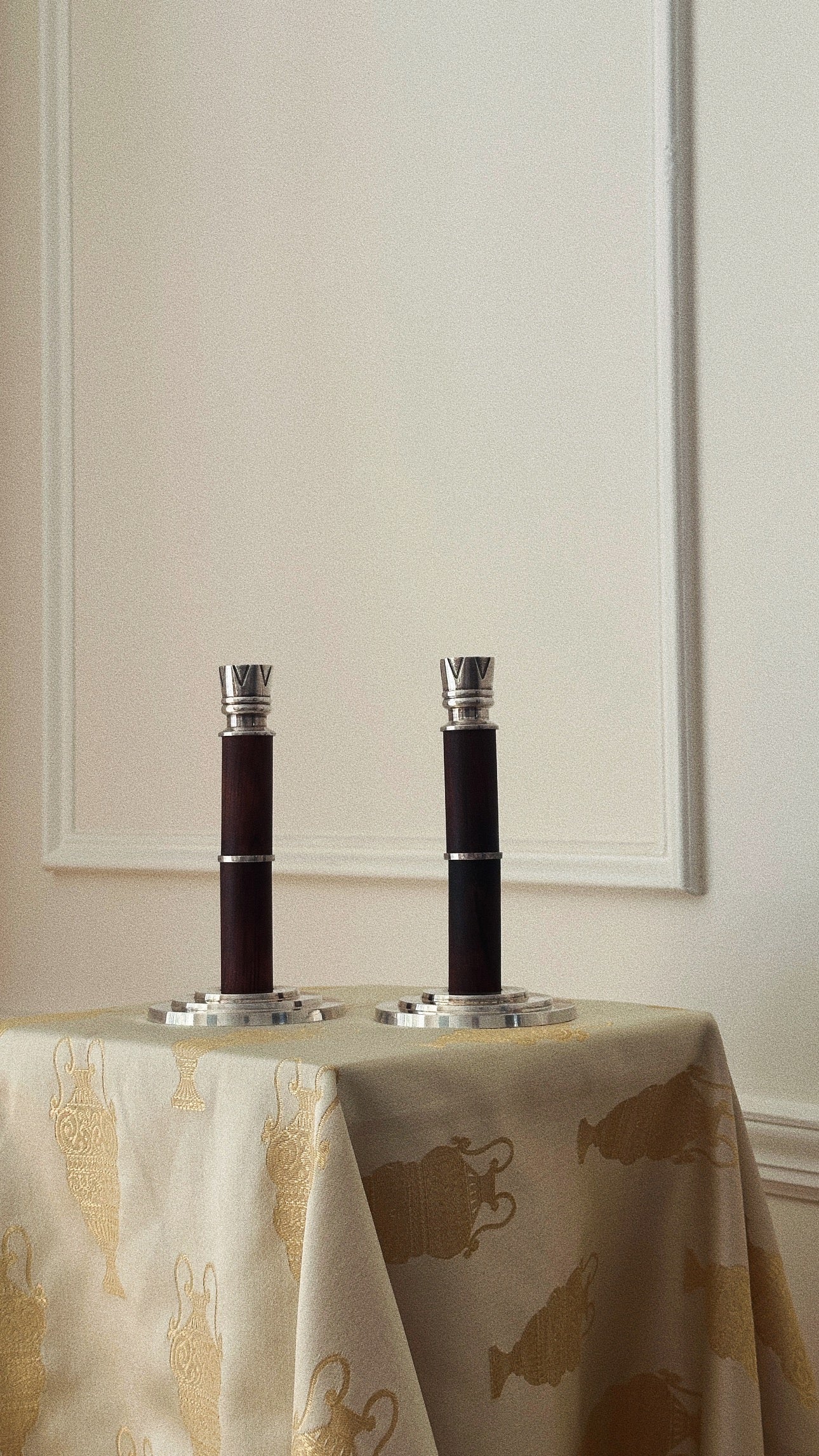 Ercuis Silver-Plated & Wood Deco Candlesticks/ Pair
