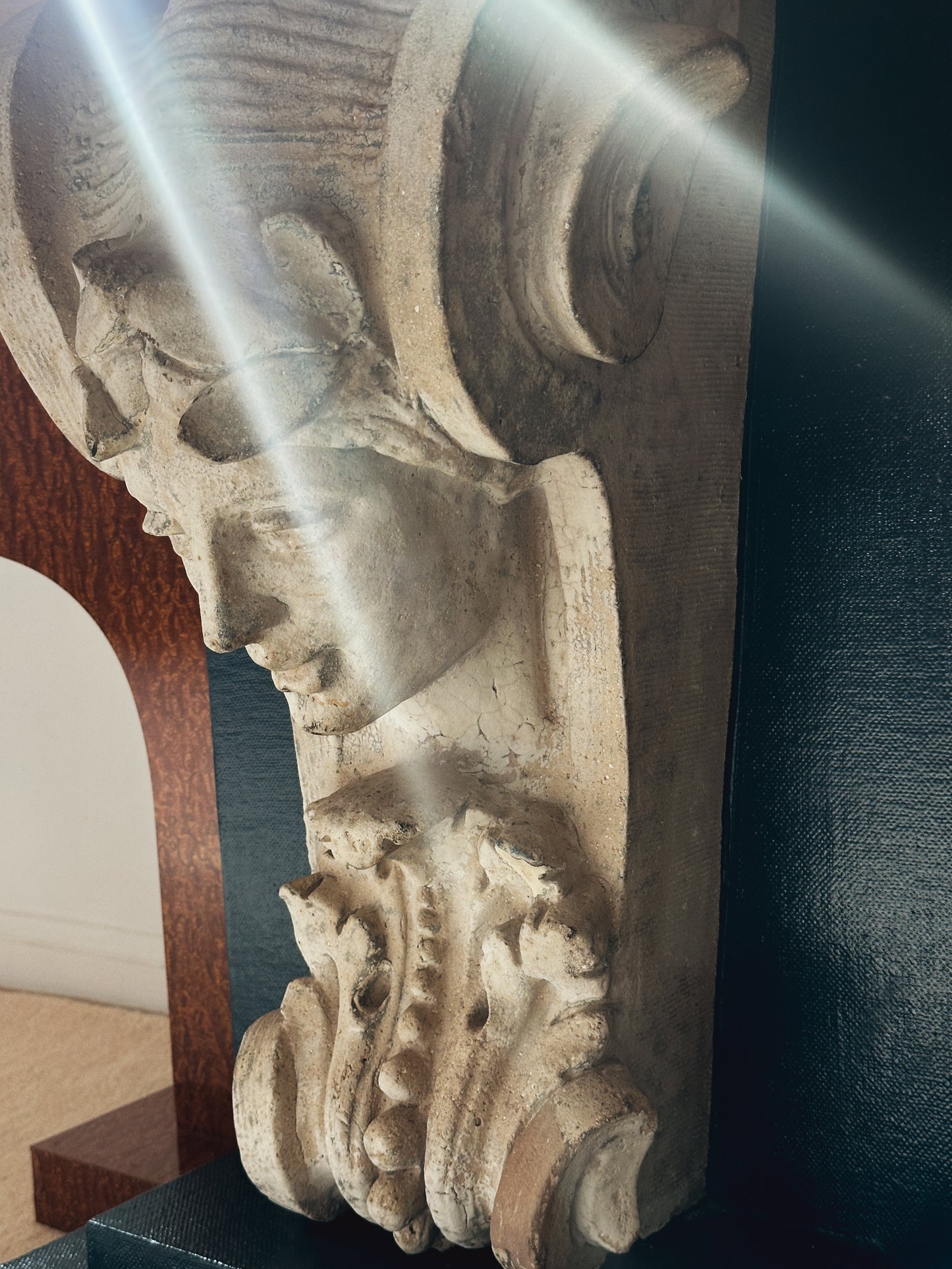 French Art Deco Burl Wood Console with Sculptural Mascaron