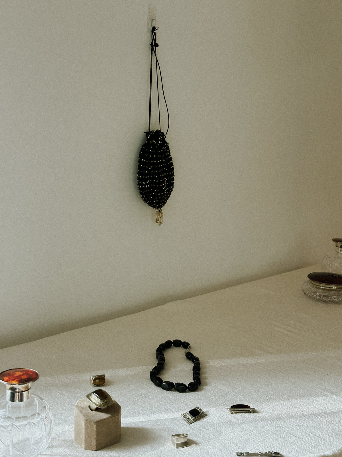 Vintage Black Crochet Beaded Drawstring Bag