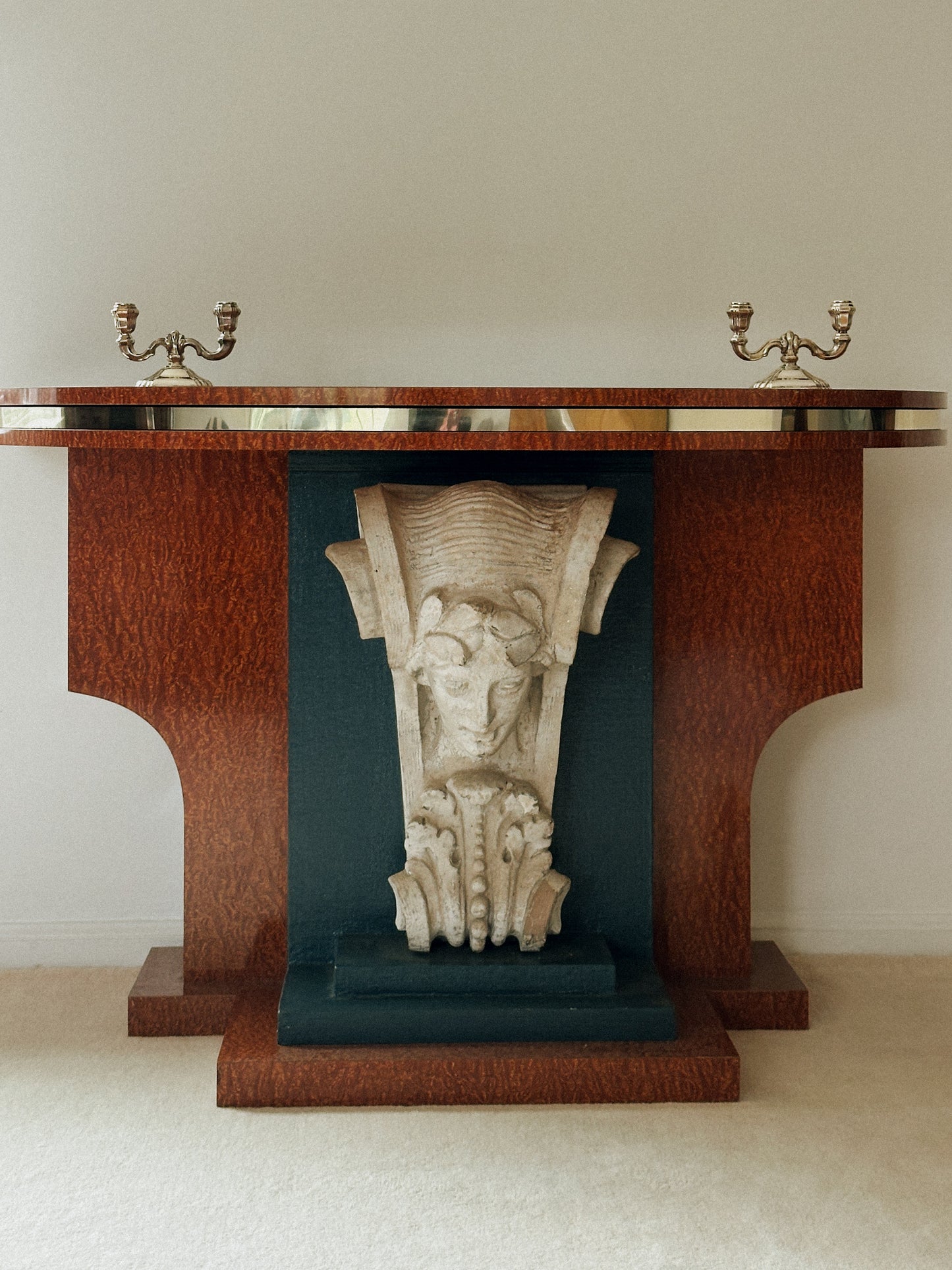 French Art Deco Burl Wood Console with Sculptural Mascaron