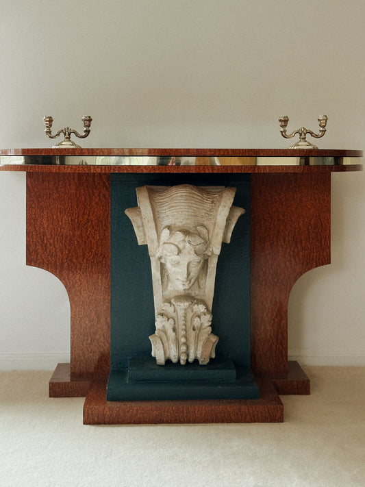 French Art Deco Burl Wood Console with Sculptural Mascaron