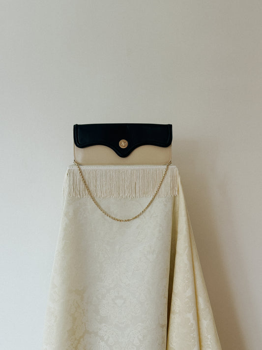 Italian Ivory & Black Leather Clutch with Chain Strap