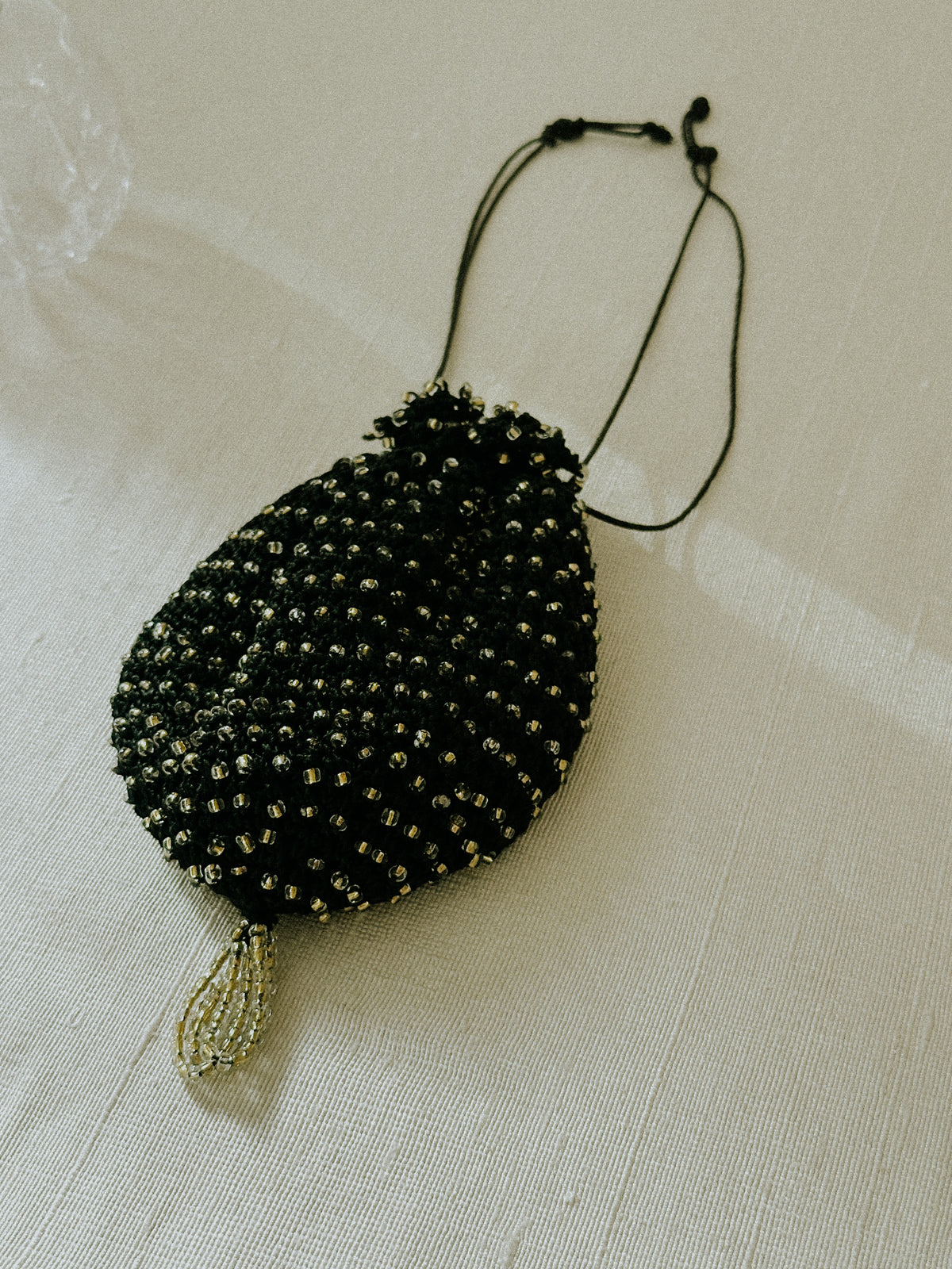 Vintage Black Crochet Beaded Drawstring Bag
