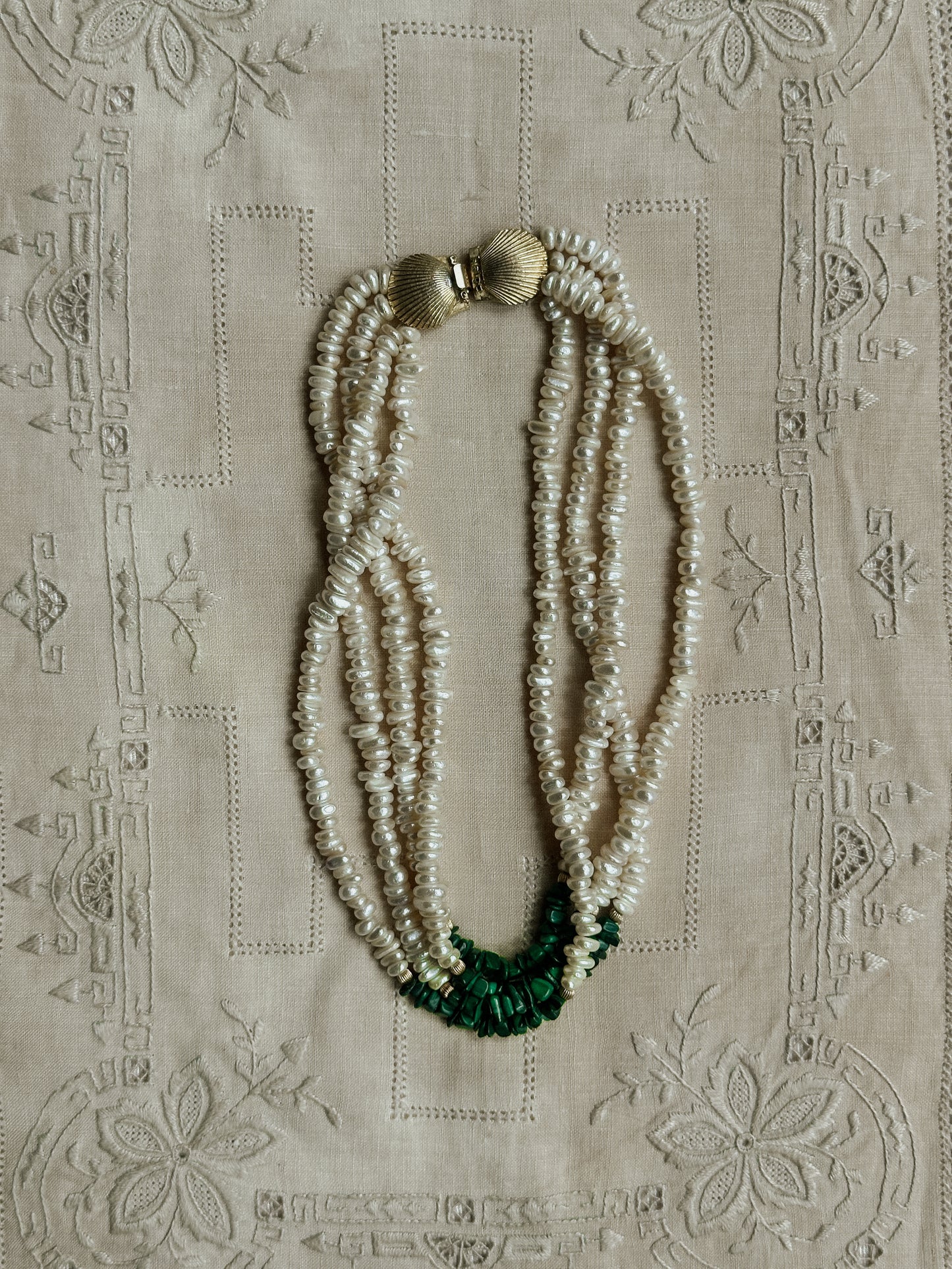 Four Strand Freshwater Pearl & Malachite Necklace