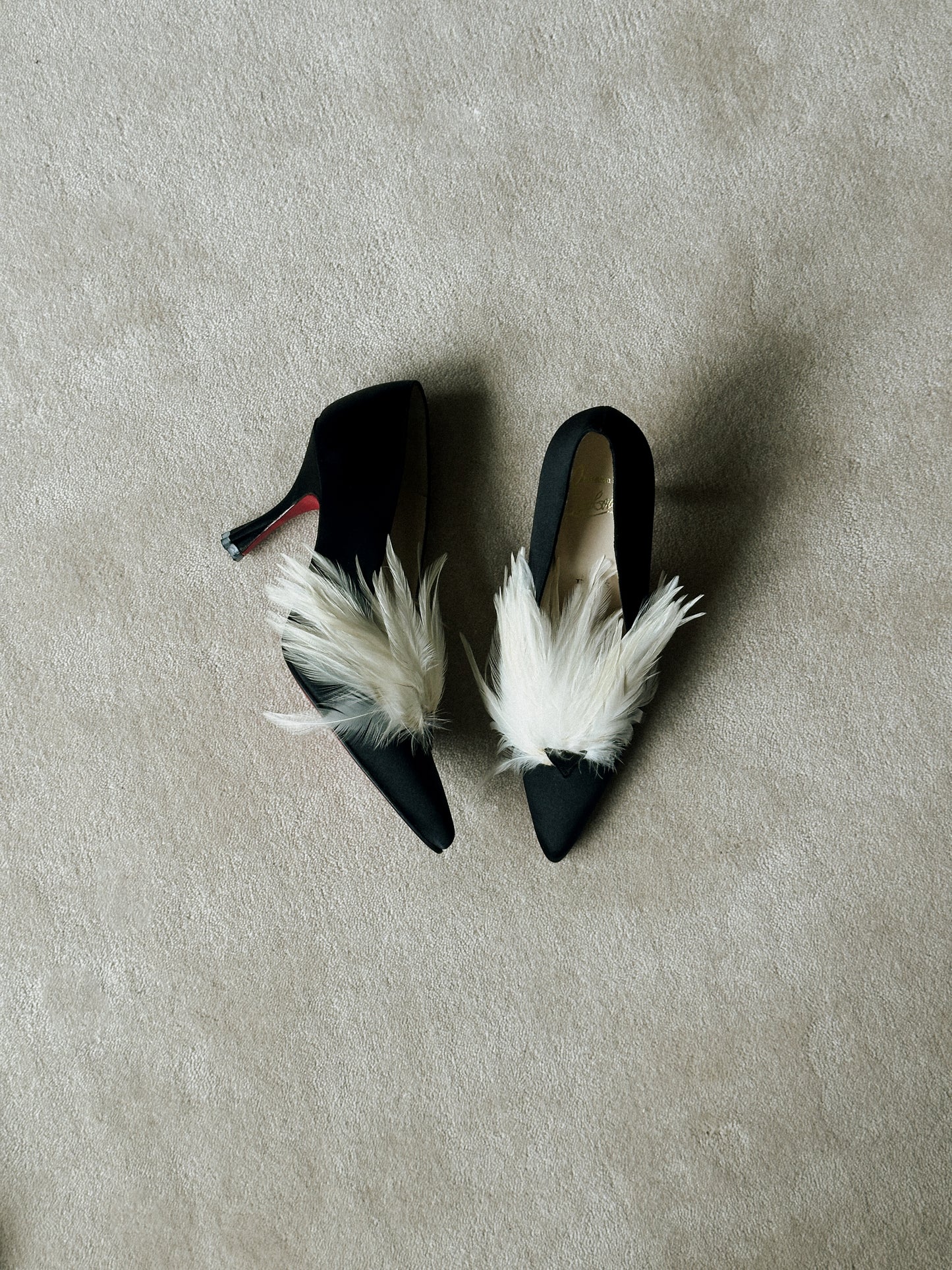 Christian Louboutin Black Satin Feather Pumps
