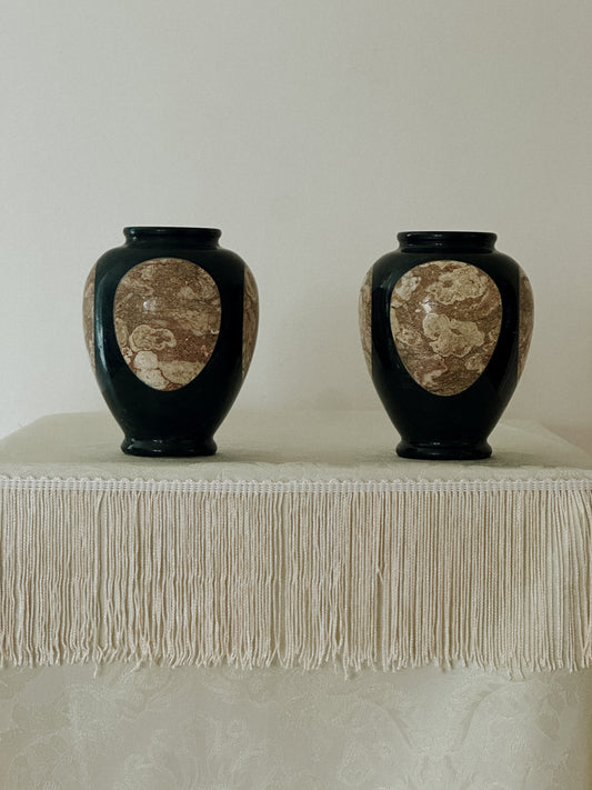 Pair of Black Marble & Stone Inlay Vases