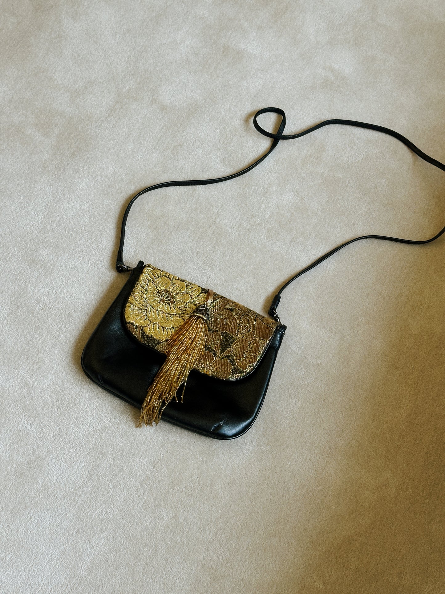 Black Leather Bag with Gold Brocade Detailing