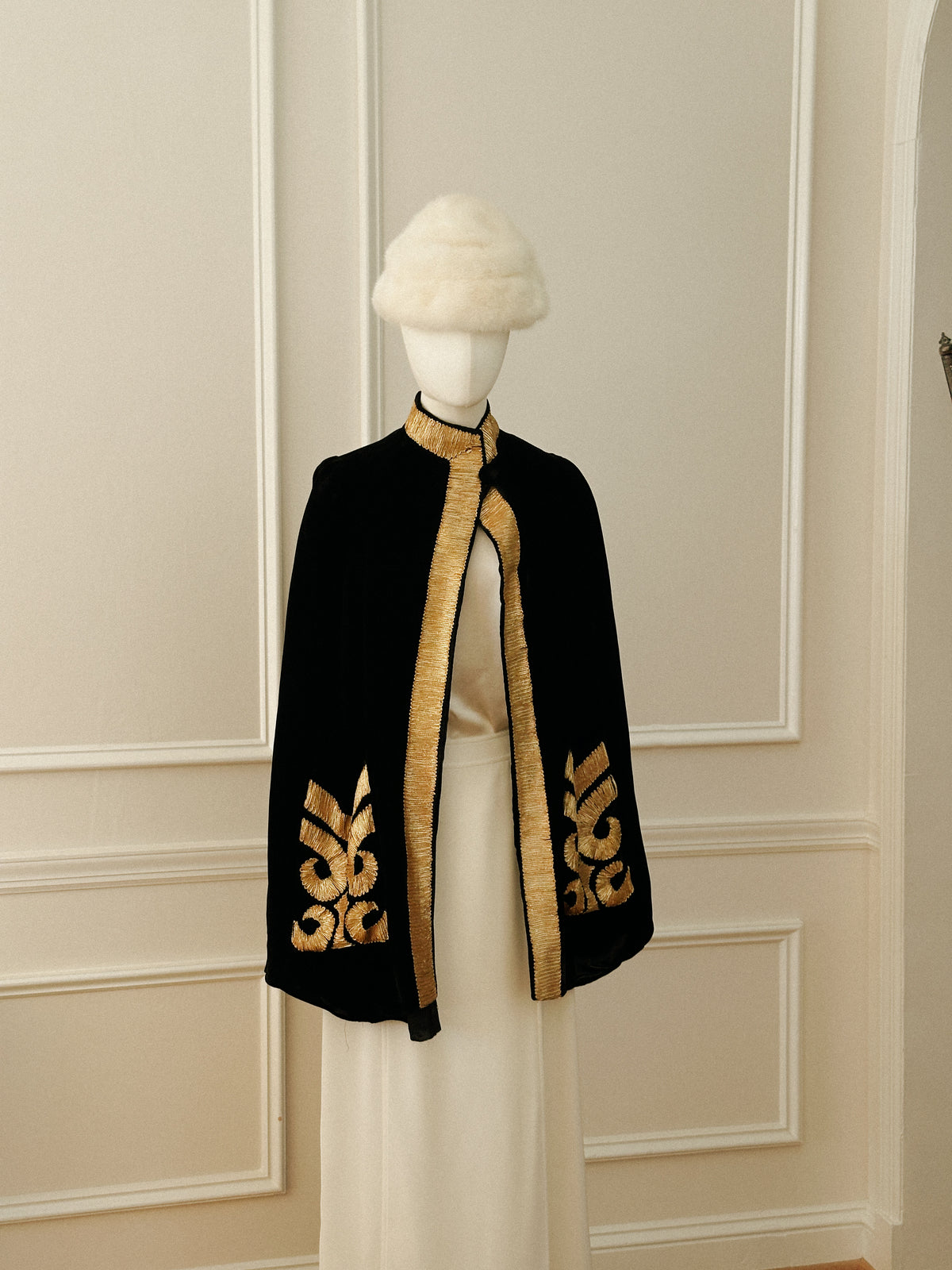 Black Velvet Cape with Gold Metallic Embroidery