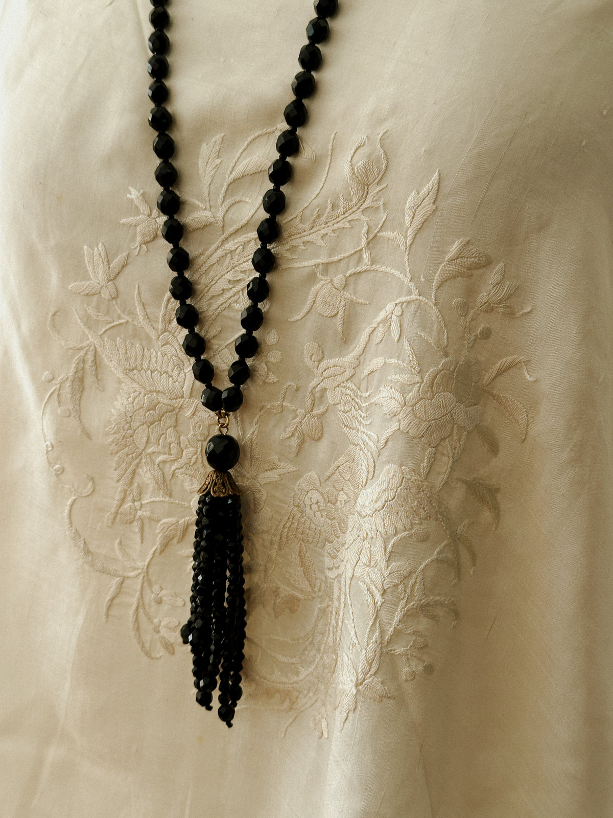 Black Glass Bead Tassel Necklace 