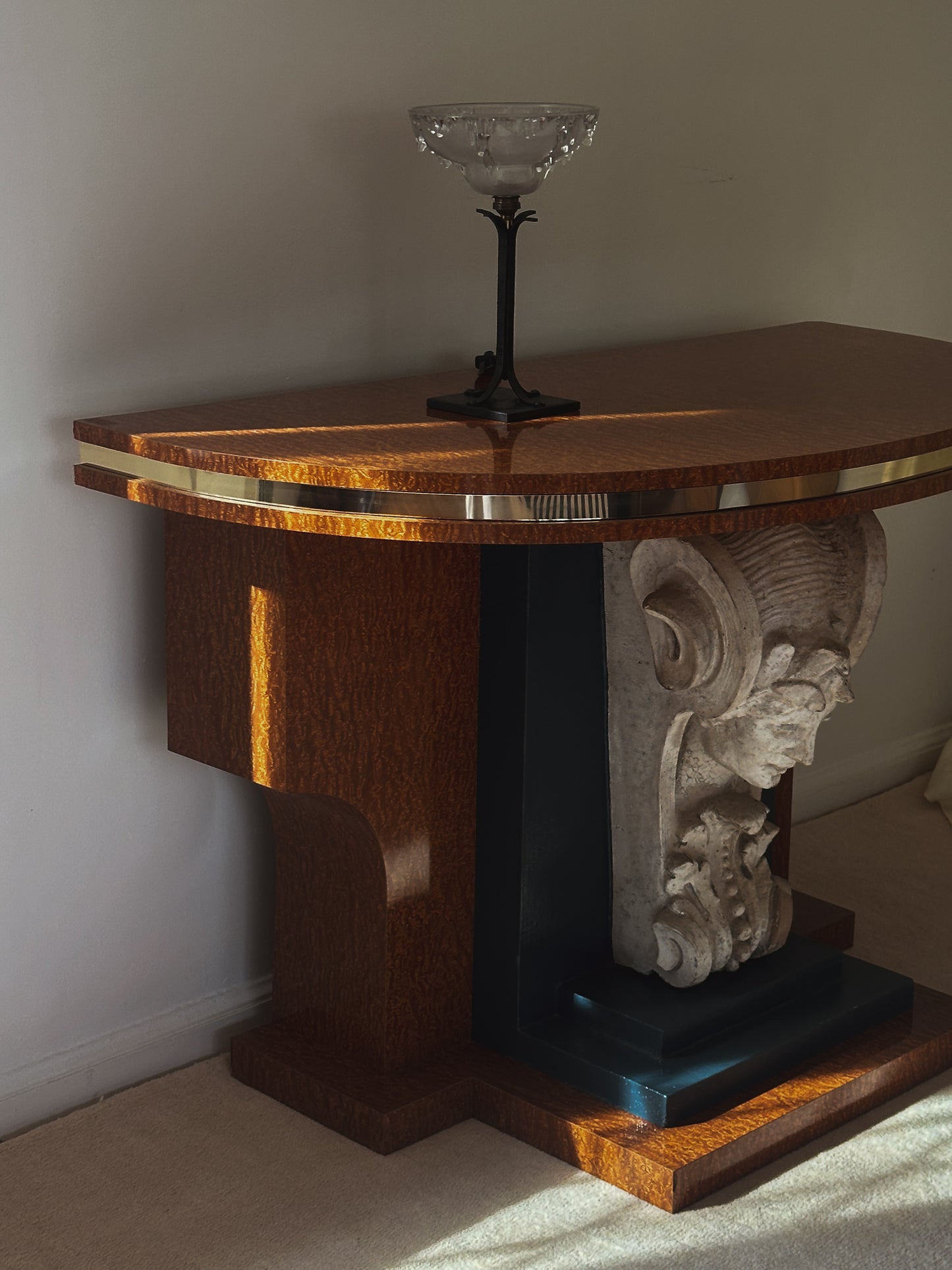 French Art Deco Burl Wood Console with Sculptural Mascaron