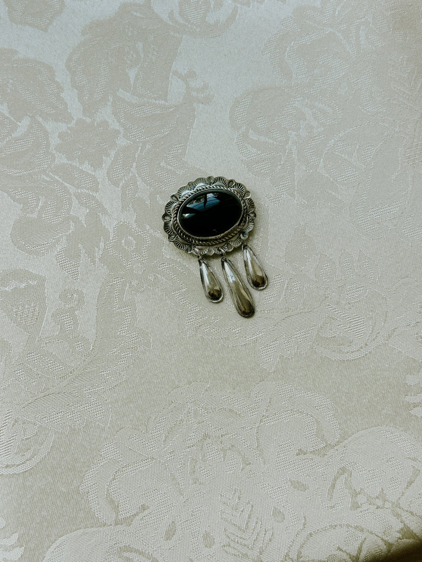 Vintage Sterling Silver & Black Onyx Dangle Brooch Pin