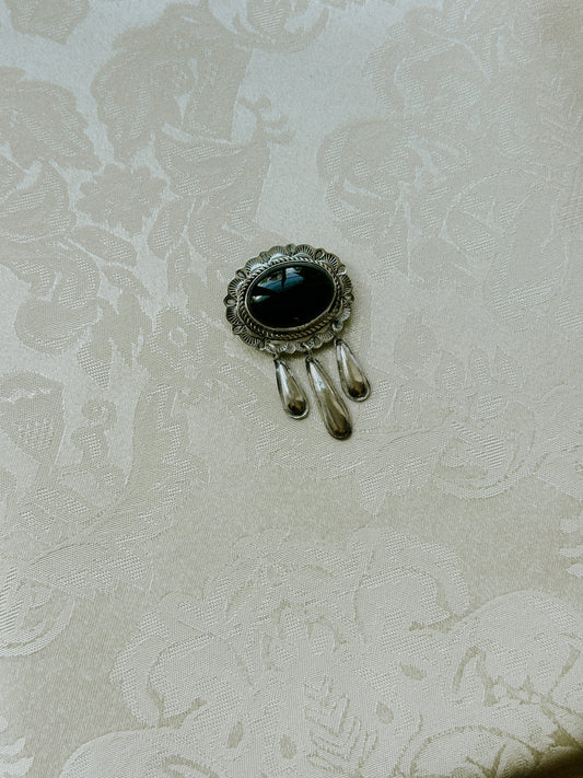 Vintage Sterling Silver & Black Onyx Dangle Brooch Pin