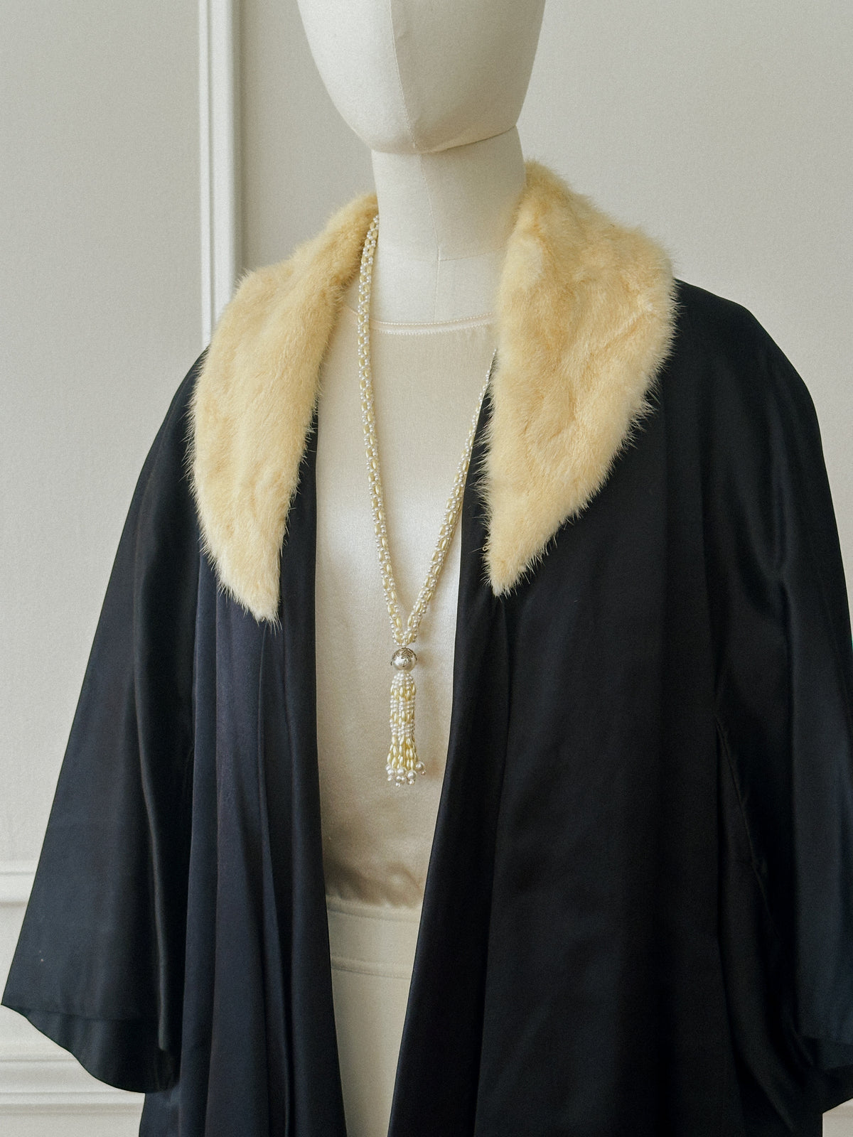 1950s Black Satin Coat with Blonde Fur Collar
