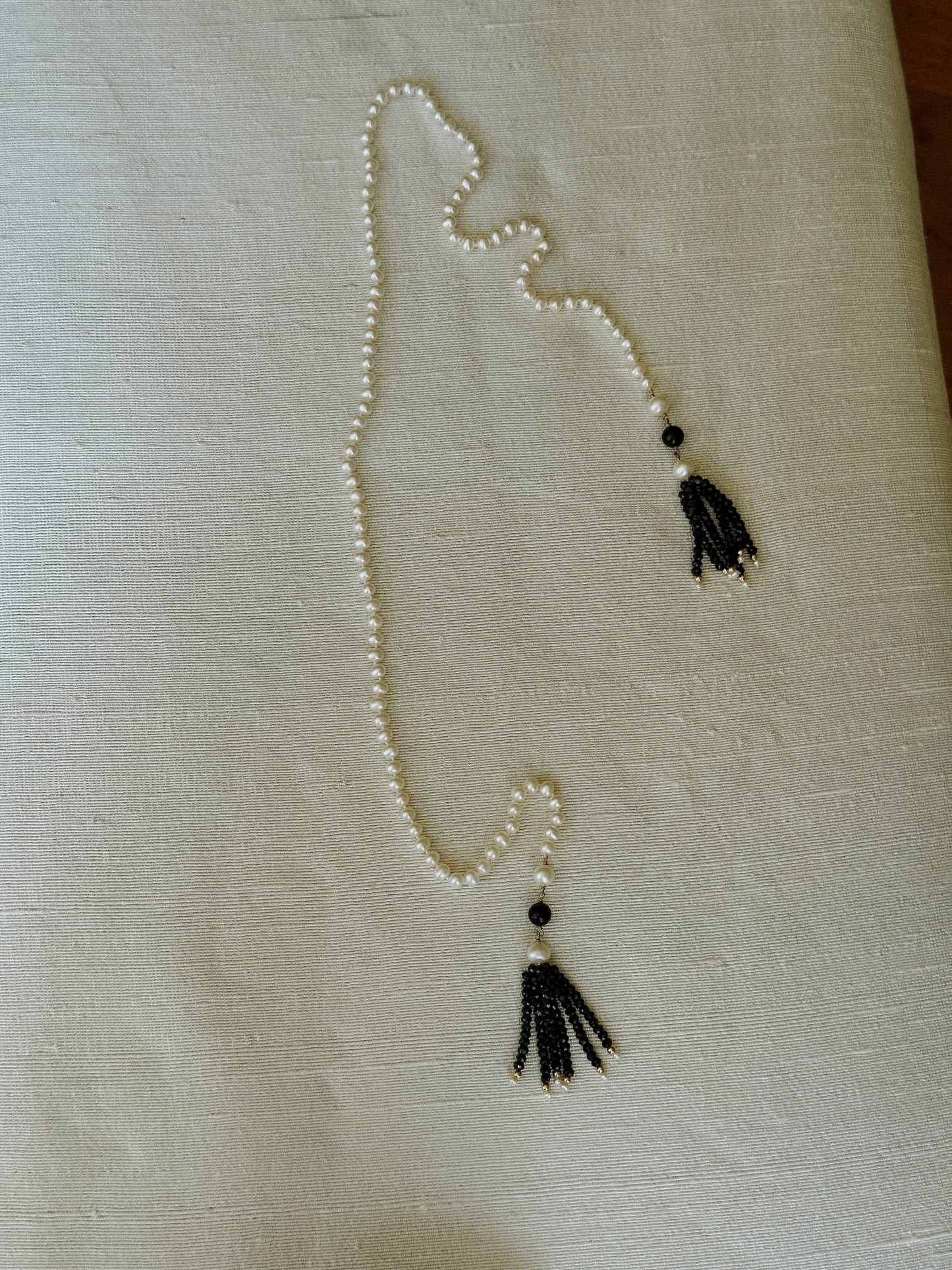 Pearl & Black Bead Tassel Necklace