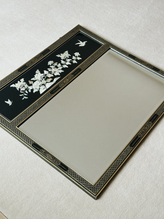 Chinoiserie Black Lacquer Mirror with Mother of Pearl Appliqué