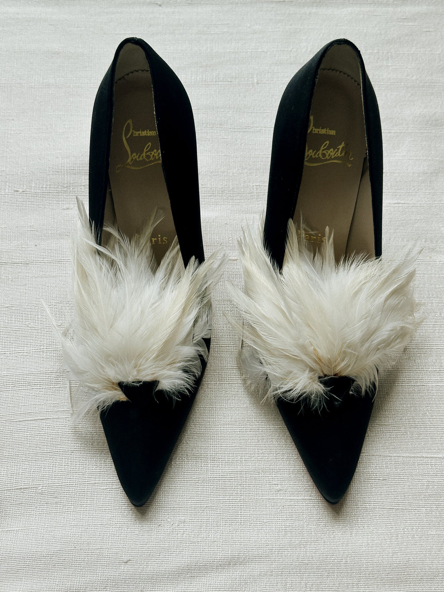 Christian Louboutin Black Satin Feather Pumps