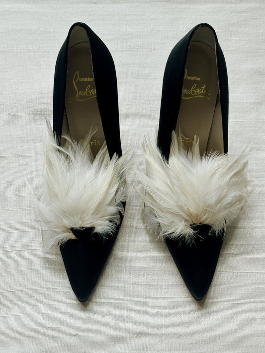 Christian Louboutin Black Satin Feather Pumps