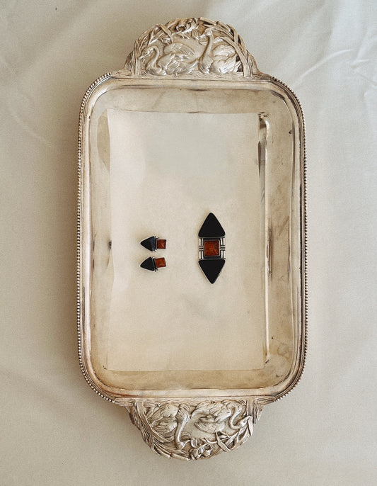 Sterling, Amber, and Onyx Brooch