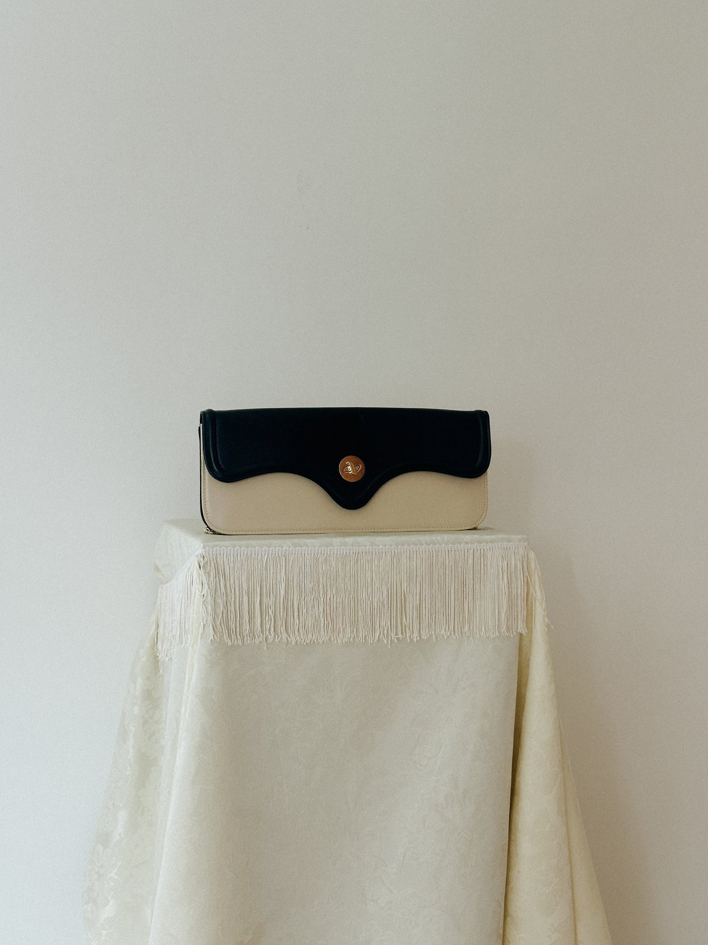 Italian Ivory & Black Leather Clutch with Chain Strap