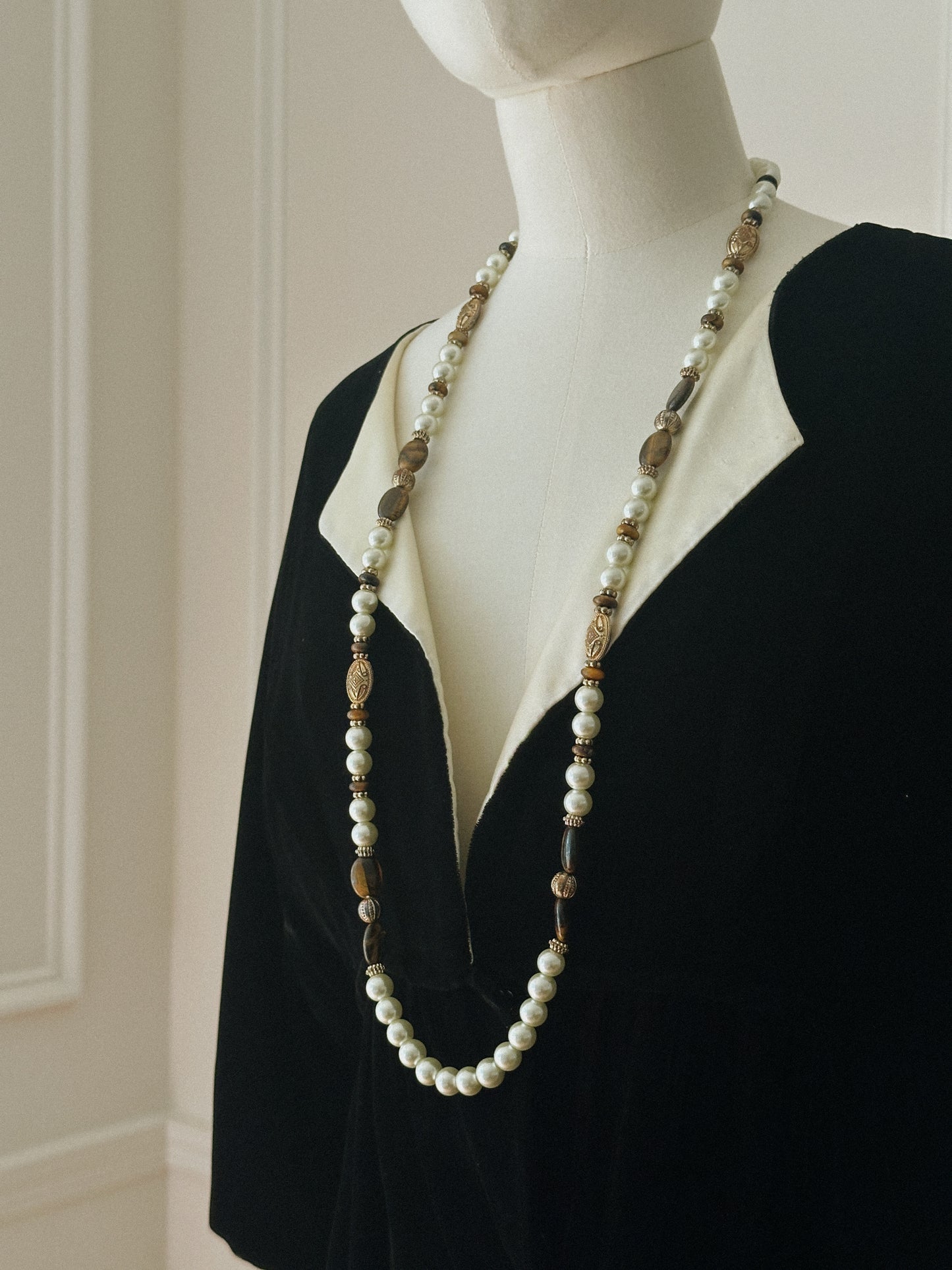 Vintage Tiger’s Eye and Pearl Bead Necklace