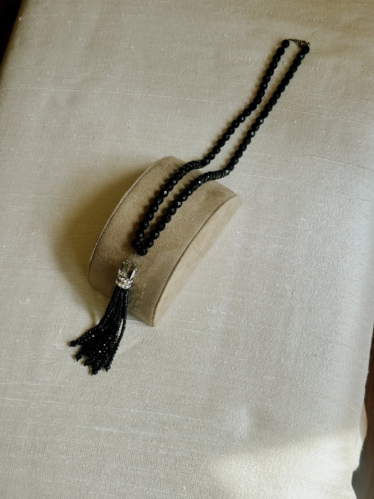 Black Glass Bead Tassel Necklace