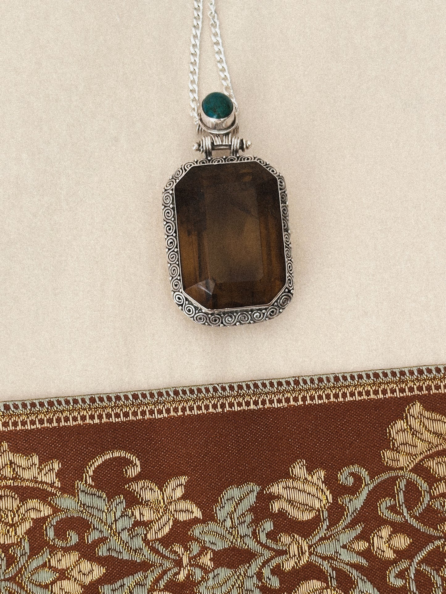 Sterling Silver, Quartz & Turquoise Spiral Pendant Necklace 
