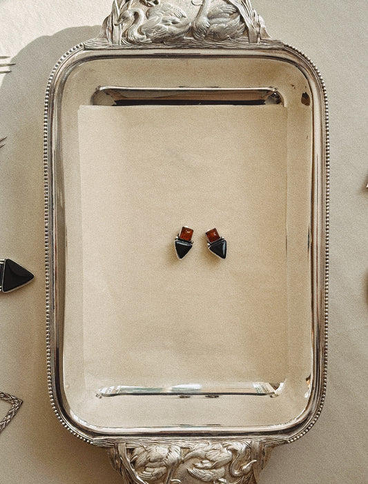 Sterling, Amber, and Onyx Earrings