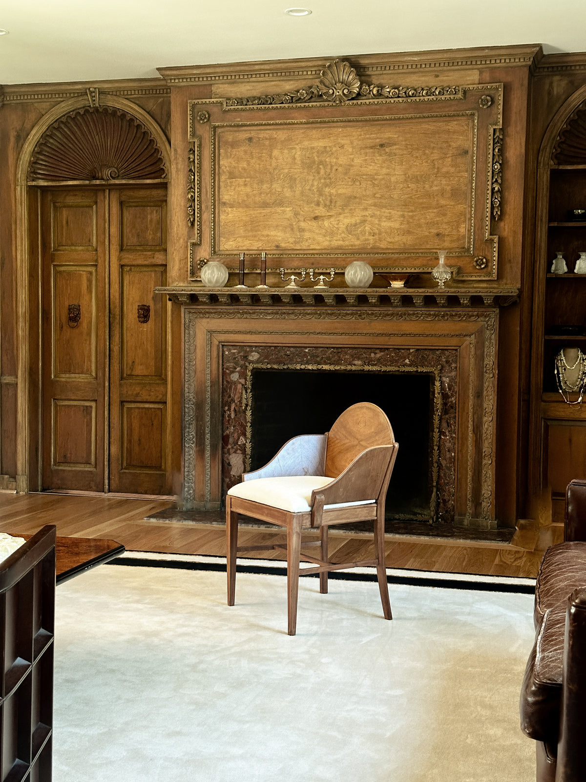 Wood & Woven Silk Upholstered Armchair 