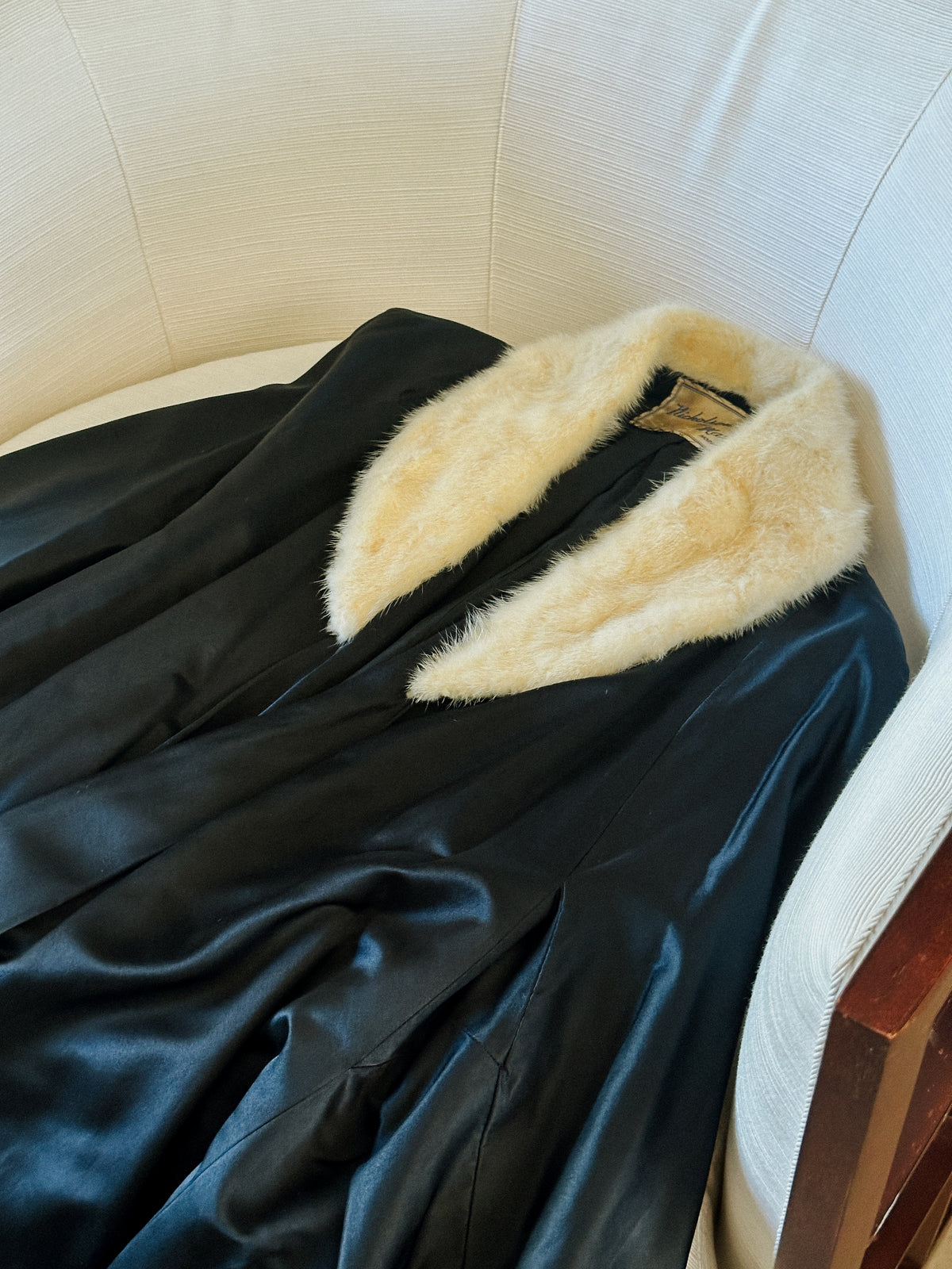 1950s Black Satin Coat with Blonde Fur Collar