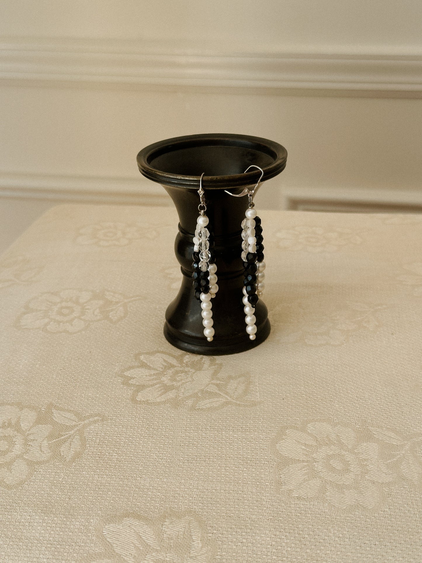 Multi Strand Black, Pearl & Crystal Dangle Earrings