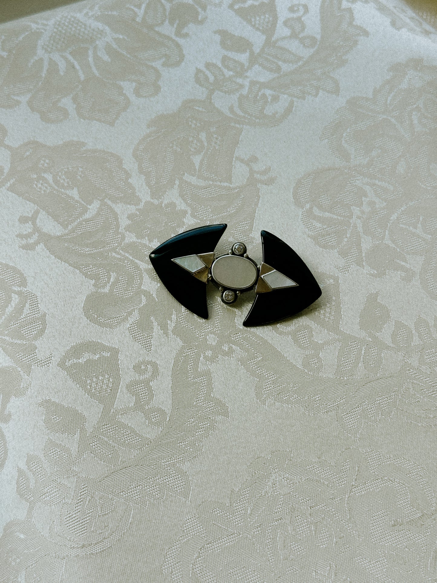 Vintage Sterling Silver, 9K Gold, Mother of Pearl & Onyx Geometric Brooch