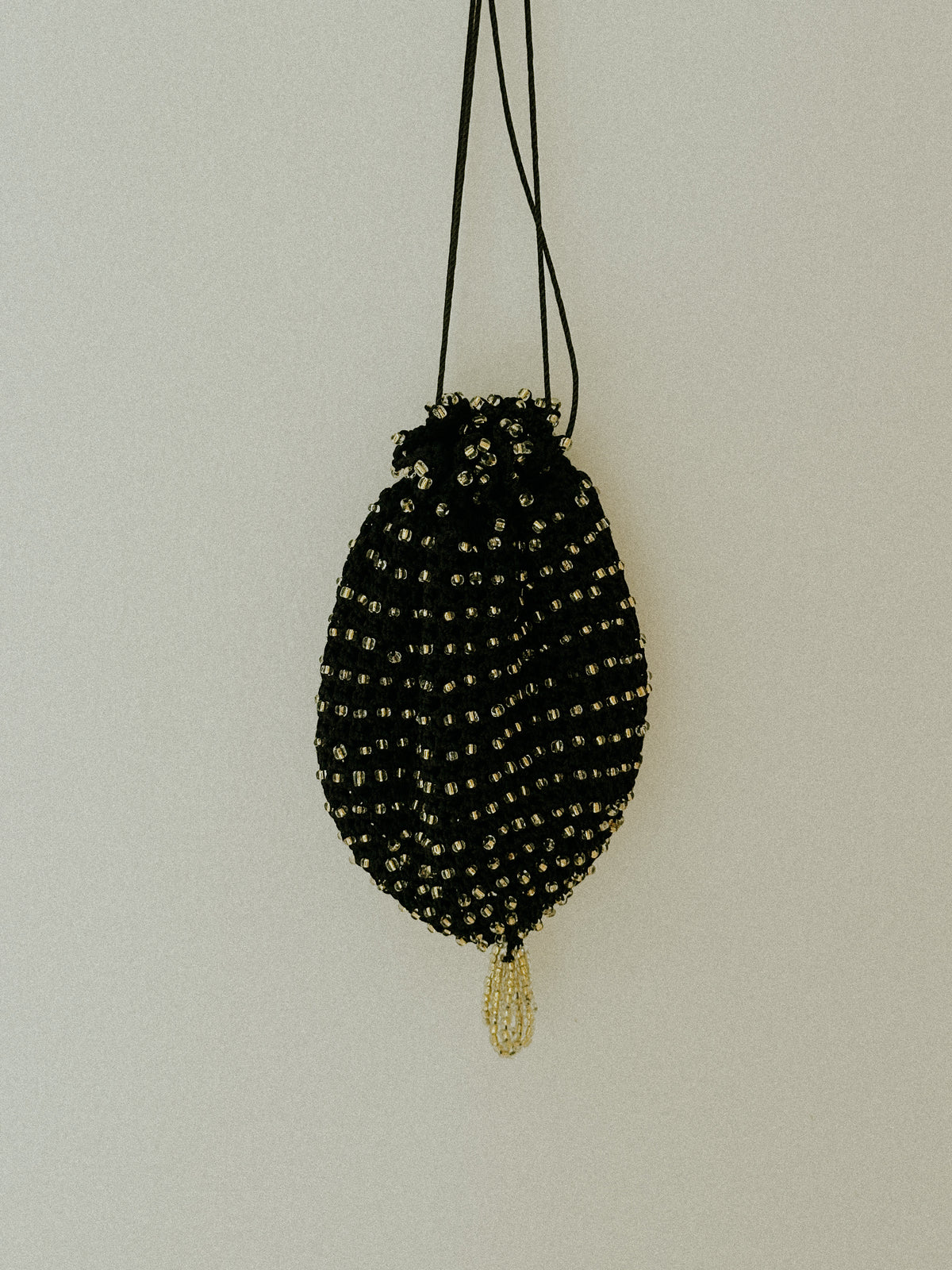 Vintage Black Crochet Beaded Drawstring Bag