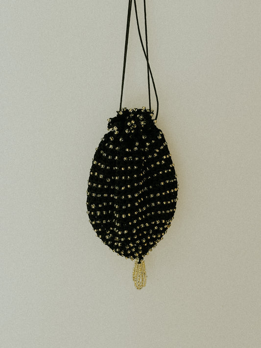 Vintage Black Crochet Beaded Drawstring Bag