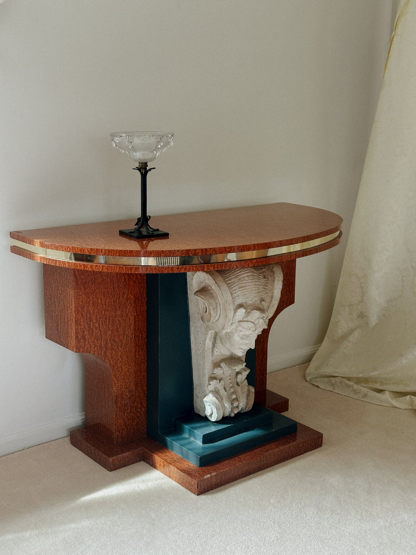 French Art Deco Burl Wood Console with Sculptural Mascaron