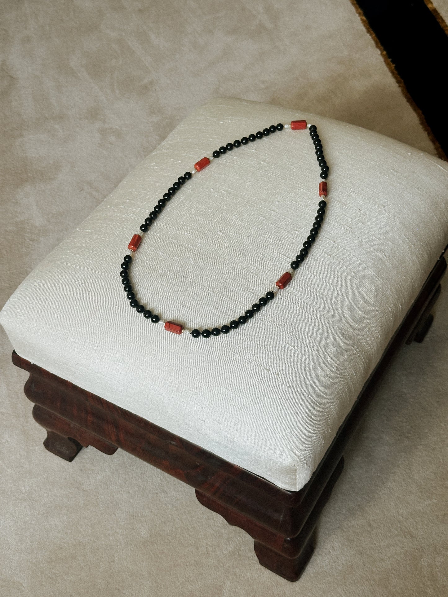 Black Onyx, Freshwater Pearl & Red Jasper Necklace