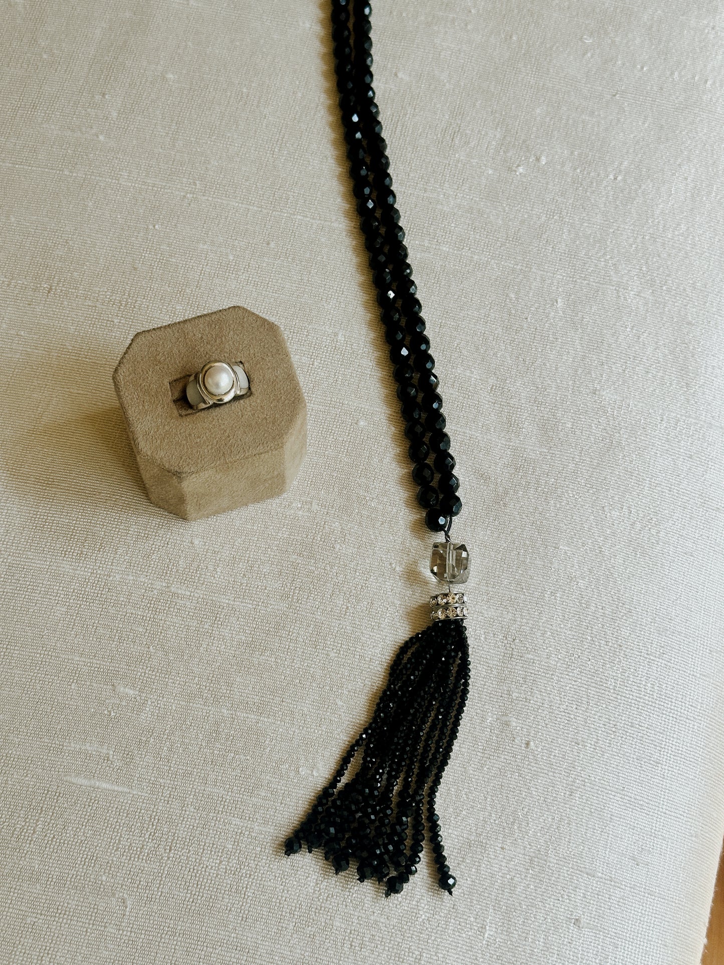 Black Glass Bead Tassel Necklace